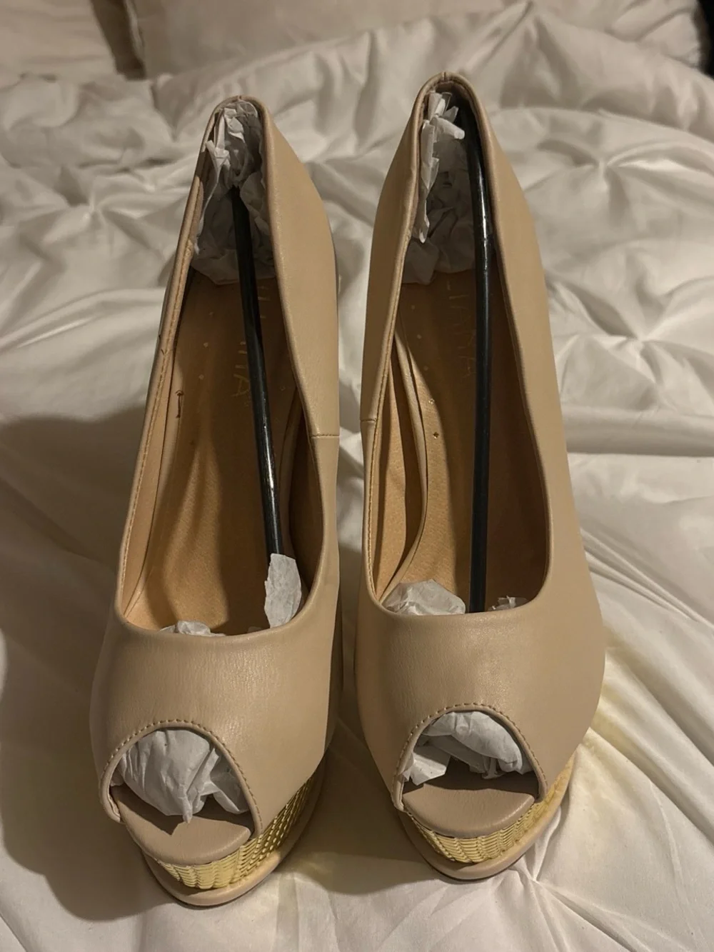 Liliana Beige Peep-Toe Platform Heels
